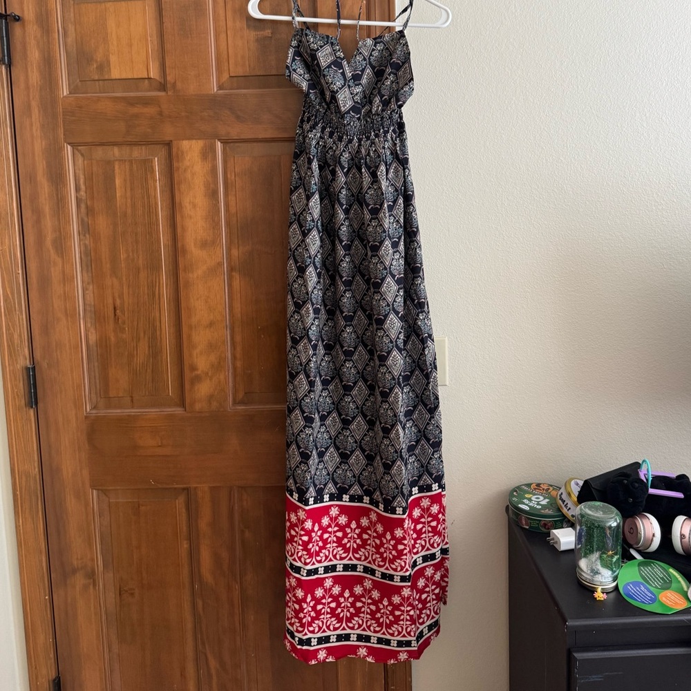 Navy and Red Patterned Maxi Dress